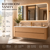 Meuble-lavabo de salle de bain moderne avec miroir intelligent 1200 mm, armoire murale en chêne massif avec plan en pierre frittée et design à coins arrondis