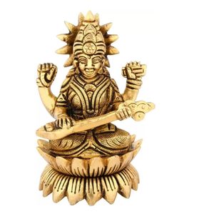 Estatua de Saraswati de diosa de latón artesanal fina, artículo decorativo, regalos de boda, Dios de la música, peso 425 Gm - Product Image 1