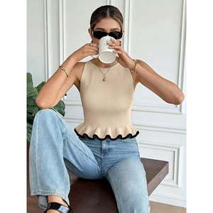 Women's Breathable Crocheted <b>Knit</b> <b>Tank</b> <b>Top</b> with Contrast Trim-Trendy Summer Vest - Product Image 3