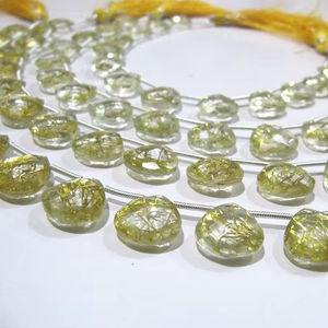 Cuentas en forma de corazón de cuarzo hidráulico rutilado dorado 11-12mm Briolette Strand 8 pulgadas de largo Color amarillo cuentas en forma de corazón - Product Image 1