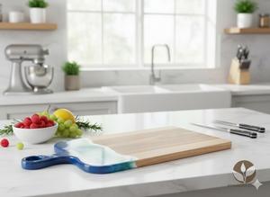 Tabla de Cortar Moderna de Madera de Caoba Hecha a Mano SOLOBEAT con Mango, Elegante Mueble de Cocina con Diseño Oceánico para Servir y Picar - Product Image 4