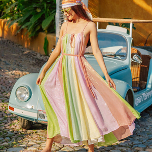 Nuevo Vestido de Verano a Rayas Multicolores para Mujer, Vestido Largo Maxi para Playa, Vestido de Fiesta a Precio de Fábrica al por Mayor, OEM - Product Image 1