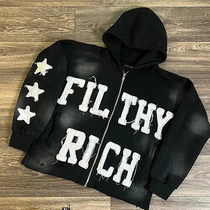 100% coton lavé à l'acide pull à capuche hiver Streetwear en détresse broderie doublé motif solide Service OEM avec logo avant - Product Image 1