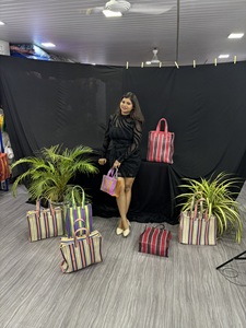 Plastic RPET Eco-Friendly Reusable Zipper Nylon Shopping <b>Bag</b> Striped Handloom Woven Recycled Plastic <b>Beach</b> <b>Bags</b> Made in India - Product Image 2