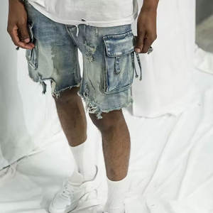 OEM ODM Vêtements de rue d'été personnalisés de haute qualité pour hommes Short cargo en denim baggy Taille moyenne Modèle solide Fermeture à cordon de serrage - Product Image 3