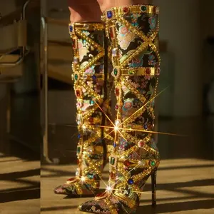 Cuissardes Rétro Florales à Motifs Diamantés pour Femme – Bottes Hautes Sexy à Bout Pointu Style Western Cowboy avec Plateforme Légère pour Hiver et Été - Product Image 2