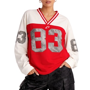 Trendy Women Cut and Sew Panel <b>Red</b> White American Football Jersey Oversized Streetwear Long Sleeve Polyester OEM Sports Teamwear - Product Image 1