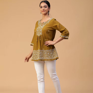 Túnicas Kurti cortas de diseñador de lujo de primera calidad de algodón puro bordado a mano de gasa sostenible estilo dulce Tops lavables - Product Image 1