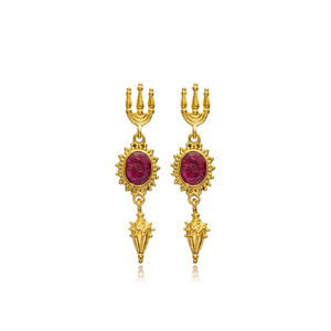 Raíz ovalada Rubí Piedra Gancho 22K Vintage Pendientes Venta al por mayor Hecho a mano Turco 925 Joyería de plata esterlina - Product Image 1