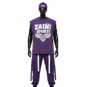 Ensemble 2 pièces haut et pantalon cargo pour homme, en mélange coton polyester 260 GSM, violet, avec impression personnalisée du logo. - Product Image 1