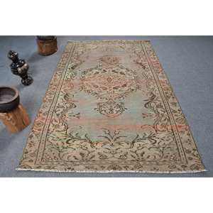 Alfombra turca vintage 5'1X8'3 Diseño de retazos azul-marrón Hecho a mano Lana de felpa Poliéster Rectangular Estilo de pasillo Tabriz Látex - Product Image 1