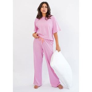 Conjunto de Pijama de Jersey Rosa para Mujer, Manga Corta, Cuello Redondo, Cintura con Cordón, Largo Completo, Ropa de Dormir Informal y Suave, 100% Algodón - Product Image 1