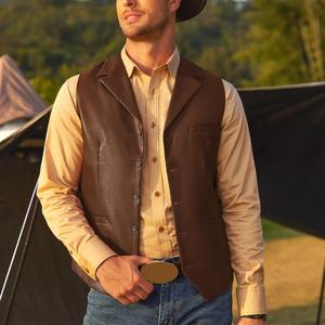 Veste de tailleur décontractée à simple boutonnage avec poches et col en V pour homme, en cuir et en toile, veste d'hiver sans manches à revers - Product Image 4