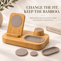 Station de charge 3-en-1 en bambou pour téléphone, montre et écouteurs, avec inserts de chargeur remplaçables, pour la maison et la table de chevet, vente en gros OEM