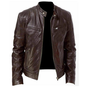 Chaqueta de cuero para hombre, estilo motociclista, ajustada, para primavera y otoño, talla XS, moda transfronteriza, nueva, con cremallera, teñida lisa, con revestimiento. - Product Image 5