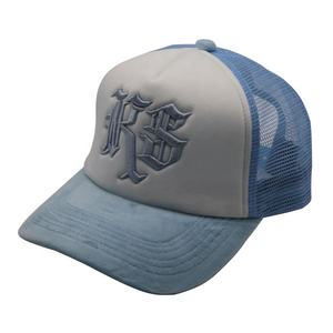 Broderie 3D personnalisée en velours bleu à bord incurvé 5 panneaux Casquette de camionneur en maille de mousse vierge Mode hip-hop élégante - Product Image 2