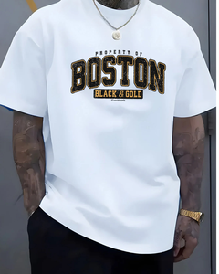 Camiseta de manga corta con cuello redondo para hombre, estilo casual, holgada, talla grande, con estampado de BOSTON, 100% algodón, para verano. - Product Image 1
