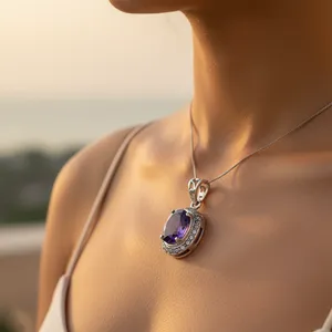 Colgante de Plata 925 con Amatista y Baño de Rodio, Gema para Mujer, Diseño de Flor Moderno, Cadenas de Oro Blanco y Oro Rosa con Incrustaciones de Diamantes - Product Image 2