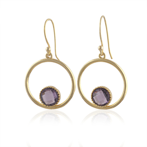 Pendientes colgantes de cuarzo hidroamatista púrpura, joyería sencilla, latón macizo, chapado en oro de 18 quilates, piedra preciosa de corte redondo, regalo para mujer - Product Image 1