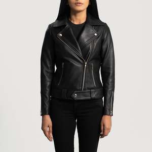 Chaqueta de Motociclista Slim para Mujer Rumy, Negra, de Cuero PU, con Capucha, Cuello de Satén, Piel Sintética, Logotipo Personalizado, Relleno de Poliéster, Otoño, Talla XL, Estampada - Product Image 4