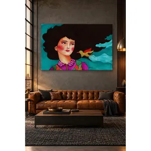 Impression sur toile Fida : Fille sur fond turquoise avec cheveux noirs ébouriffés et oiseau - Product Image 3