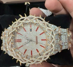 Montre Elite Skeleton en or 18 carats avec lunette en diamant Style Hip Hop Quartz glacé Moissanite Boîtier en acier inoxydable Cuir Crâne Montres en vrac - Product Image 6