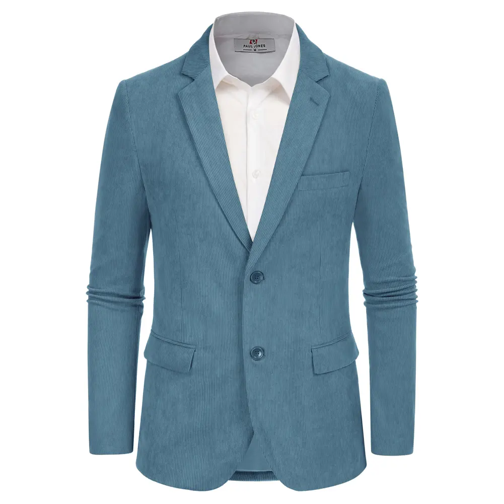 Erkekler şık uzun kollu çentik yaka iki düğme kadife moda erkek Blazer ceket takım elbise
