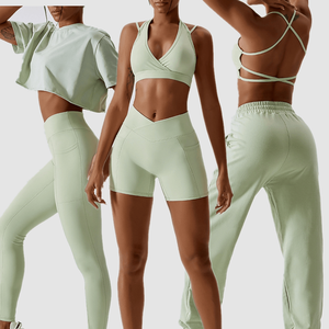 Haut de Yoga à motif à carreaux de haute qualité pour femmes Leggings à séchage rapide respirant trois pièces grande taille ensemble de Fitness taille longue demi - Product Image 3