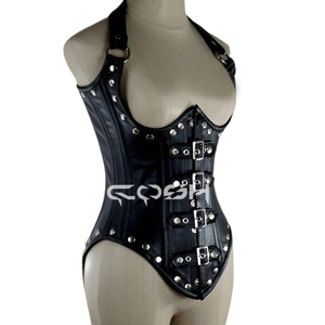 Corset gothique noir en cuir avec baleines en acier et bretelles – Vente en gros - Product Image 1