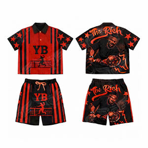 Conjunto de Dos Piezas de Ropa Urbana Negra Personalizada para Hombre 2026, Camisa con Botones y Estampado Gráfico y Pantalones Cortos Deportivos a Juego con Estampado de Jugador de Tenis - Product Image 6