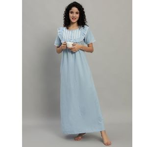 Camisón de Encaje 100% Algodón para Mujer, Manga Media, Largo Completo, Tejido Transpirable, Cuello Redondo Elegante, Otoño/Primavera/Verano - Product Image 1