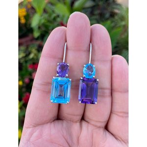 Pendientes Colgantes de Plata 925 con Topacio Azul y Amatista, Geométricos, Chapados en Oro Rosa, con Esmeralda, Perla y Diamante como Piedras Principales, para Bodas y Fiestas - Product Image 1