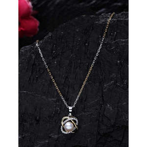 NOVAMART Fine Real Pearl Knot Pendant <b>Necklace</b> <b>Chain</b> 925 Sterling Silver White Gold Rhodium Plated Featuring for Swiss Zirconia - Product Image 2