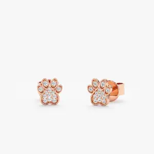 Orecchini a bottone con diamanti naturali di nuova moda Cat Bear Dog Paw Fine Jewelry per le donne orecchini con impronta di piccoli animali in oro massiccio 14k