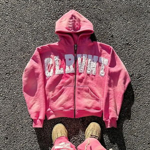 Zip up Hoodie Hombres Custom Distressed Applique Patch Bordado Vintage Acid Washed Men Hoodies - Product Image 1