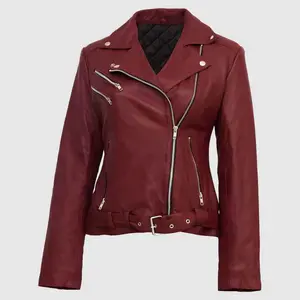 Dernier modèle Veste de style motard en cuir véritable souple pour femmes Col drapé Fermeture à glissière incurvée sur le devant Ceinture réglable à la taille.