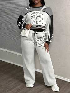 Conjunto Deportivo de 2 Piezas para Mujer, Talla Grande, Informal, con Estampado de Letras, Estilo Urbano, Transpirable, Ligero, Corte Regular, Diseño Invernal - Product Image 2