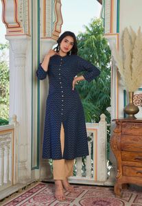 <span class=keywords><strong>Zig</strong></span> <span class=keywords><strong>Zag</strong></span> in màu Xanh anarkali kurti vải mềm thoải mái phù hợp lý tưởng cho mặc hàng ngày theo kiểu với thanh lịch truyền thống Ấn Độ - Product Image 2