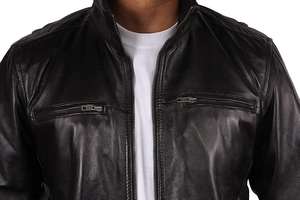 Chaqueta de piel de oveja vintage con cuello alto clásico para hombre, estilo urbano con cierre frontal de cremallera. - Product Image 3