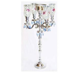Grand candélabre debout au sol en métal avec cheminée en verre transparent Candélabre brillant argenté Bougie à 5 bras avec votive en verre - Product Image 4
