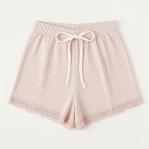 Shorts décontractés pour femmes, en maille côtelée, avec bordure en dentelle, taille haute, respirants, séchage rapide, cordon de serrage, taille élastique douce, OEM ODM - Product Image 2