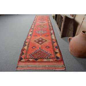Vintage Turkish Classic Style Rectangle Rug 2.7ft X 13.6ft Orange <b>Brown</b> Bohemian Patchwork Design Flat Weave <b>Wool</b> Latex Backing - Product Image 2