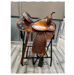 Selle de cheval occidentale tan/marron de haute qualité en cuir indien de meilleure qualité avec arbre en plastique de conception d'outillage - Product Image 1