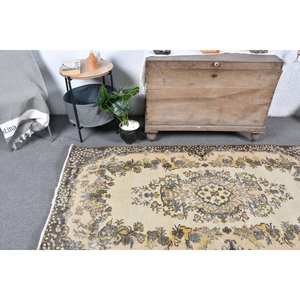 Vintage 3.8 X 7ft Beige <b>Brown</b> <b>Wool</b> Rug Handmade Turkish Classic Style with Patchwork Design Latex Backing for Bedside Use - Product Image 2