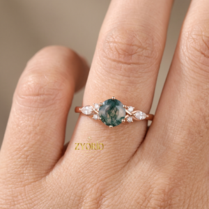 Anillo de Compromiso de Oro de 10K con Ágata Musgosa Verde Natural, Anillo con Detalle de Hoja y Diamantes, Anillo de Promesa Único para Mujer - Product Image 1