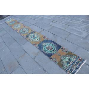 Alfombra Turca Vintage de 1.4x13.3 pies, Alfombra Ombré Azul Marrón - Product Image 2