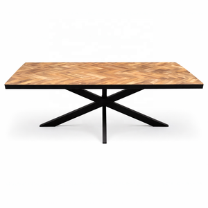Table à manger en bois de manguier massif à chevrons |   Base ovale industrielle en métal noir |   Meubles de salle à manger modernes faits à la main, garantie 3 ans - Product Image 1