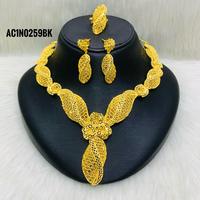 Parure de bijoux plaqué or 24 carats avec chaîne à maillons en forme de feuille florale nigériane pour femme, collier, boucles d'oreilles et bague de mariée africaine