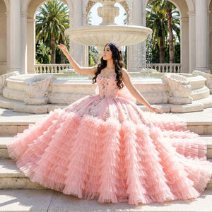 ชุดเดรสสีชมพูหวานสำหรับงาน Quinceanera หรืองานฉลองอายุ 15 ปี รุ่น Jancember 6961 ประดับระบายและโบว์ใหญ่ - Product Image 1