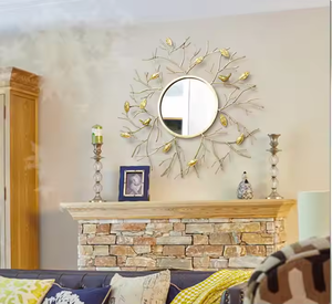Espejo decorativo para colgar en la pared redondo de estilo moderno, Arte con pájaro, diseño de hierro personalizable, espejo de baño ecológico y duradero - Product Image 1